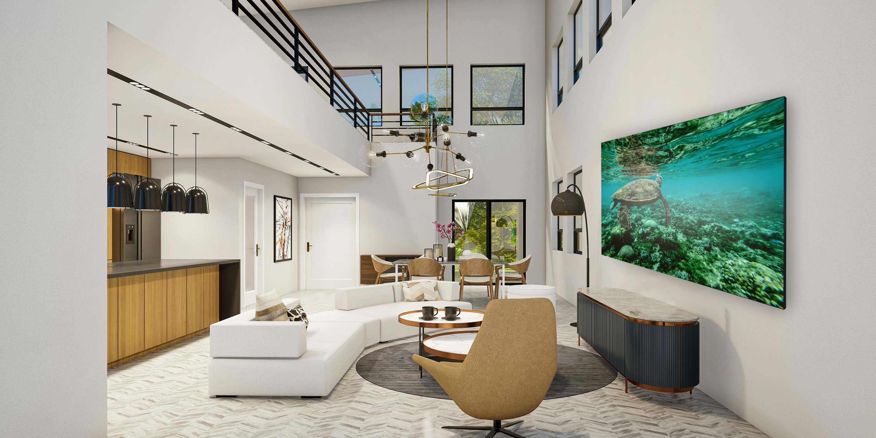 living theater, large video wall in neutral colored home